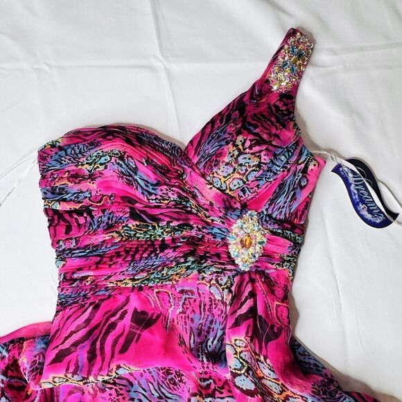 Dreamz by Riva Designs Maxi Gown Sheath Dress One Shoulder Crystal Crazy Animal - Picture 14 of 16